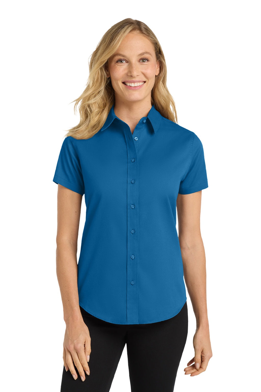 Port Authority L508 Womens Easy Care Wrinkle Resistant Short Sleeve Button Down Shirt Strong Blue Model Front