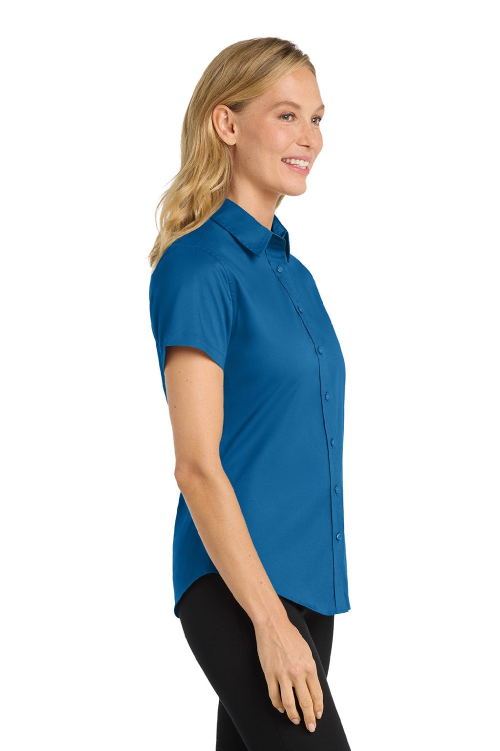 Port Authority L508 Womens Easy Care Wrinkle Resistant Short Sleeve Button Down Shirt Strong Blue Model Side