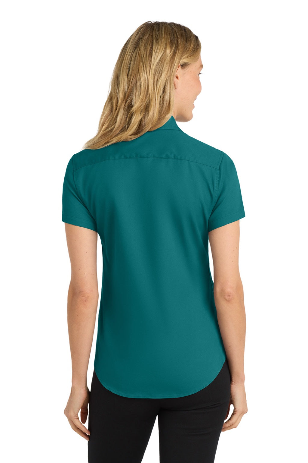 Port Authority L508 Womens Easy Care Wrinkle Resistant Short Sleeve Button Down Shirt Teal Green Model Back