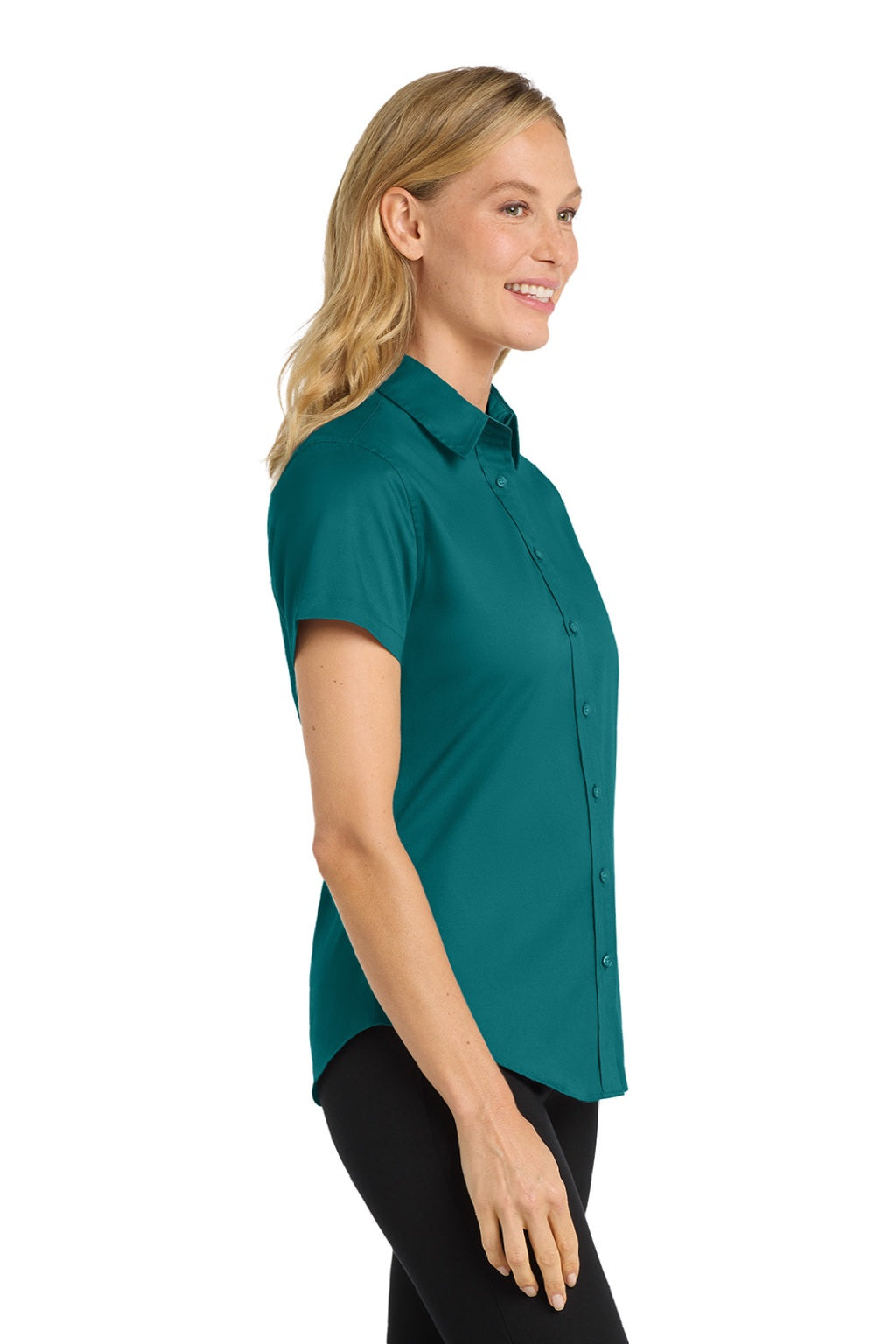 Port Authority L508 Womens Easy Care Wrinkle Resistant Short Sleeve Button Down Shirt Teal Green Model Side