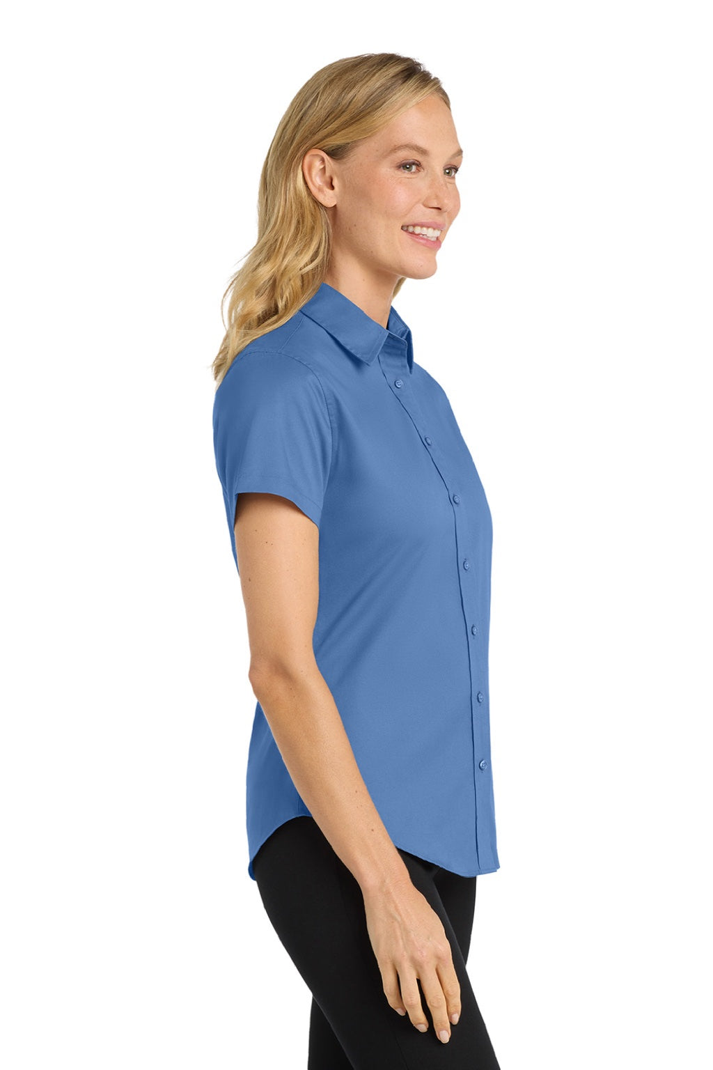 Port Authority L508 Womens Easy Care Wrinkle Resistant Short Sleeve Button Down Shirt Ultramarine Blue Model Side