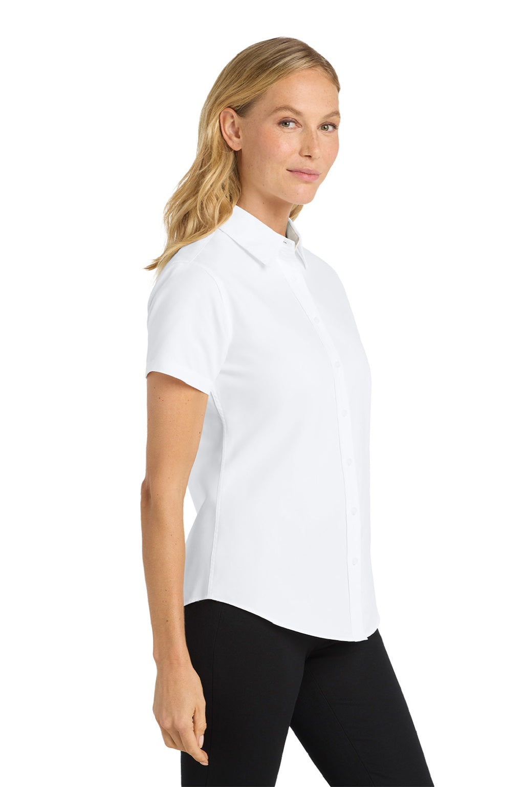 Port Authority L508 Womens Easy Care Wrinkle Resistant Short Sleeve Button Down Shirt White/Stone Model Side