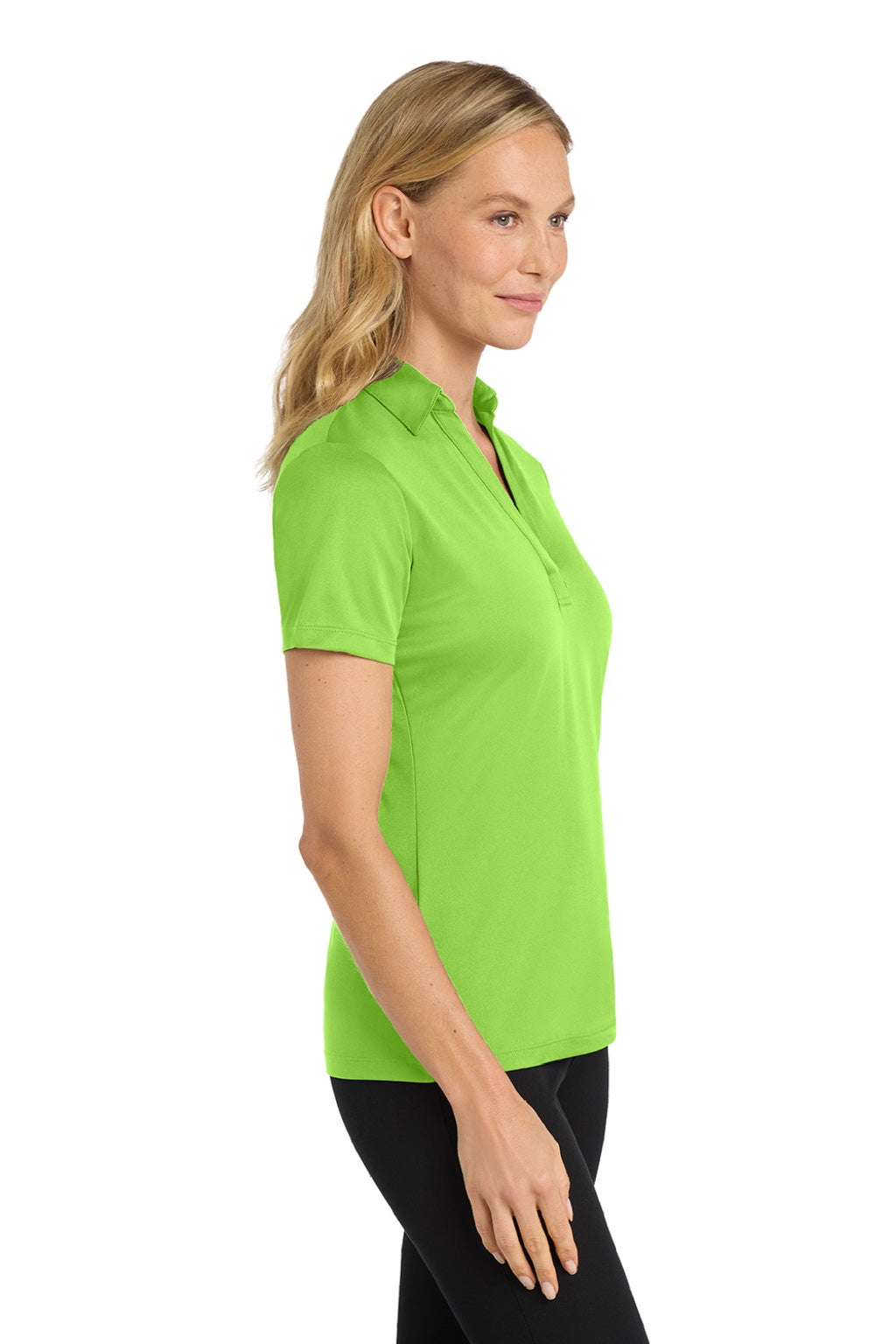 Port Authority L540 Womens Silk Touch Performance Moisture Wicking Short Sleeve Polo Shirt Lime Green Model Side