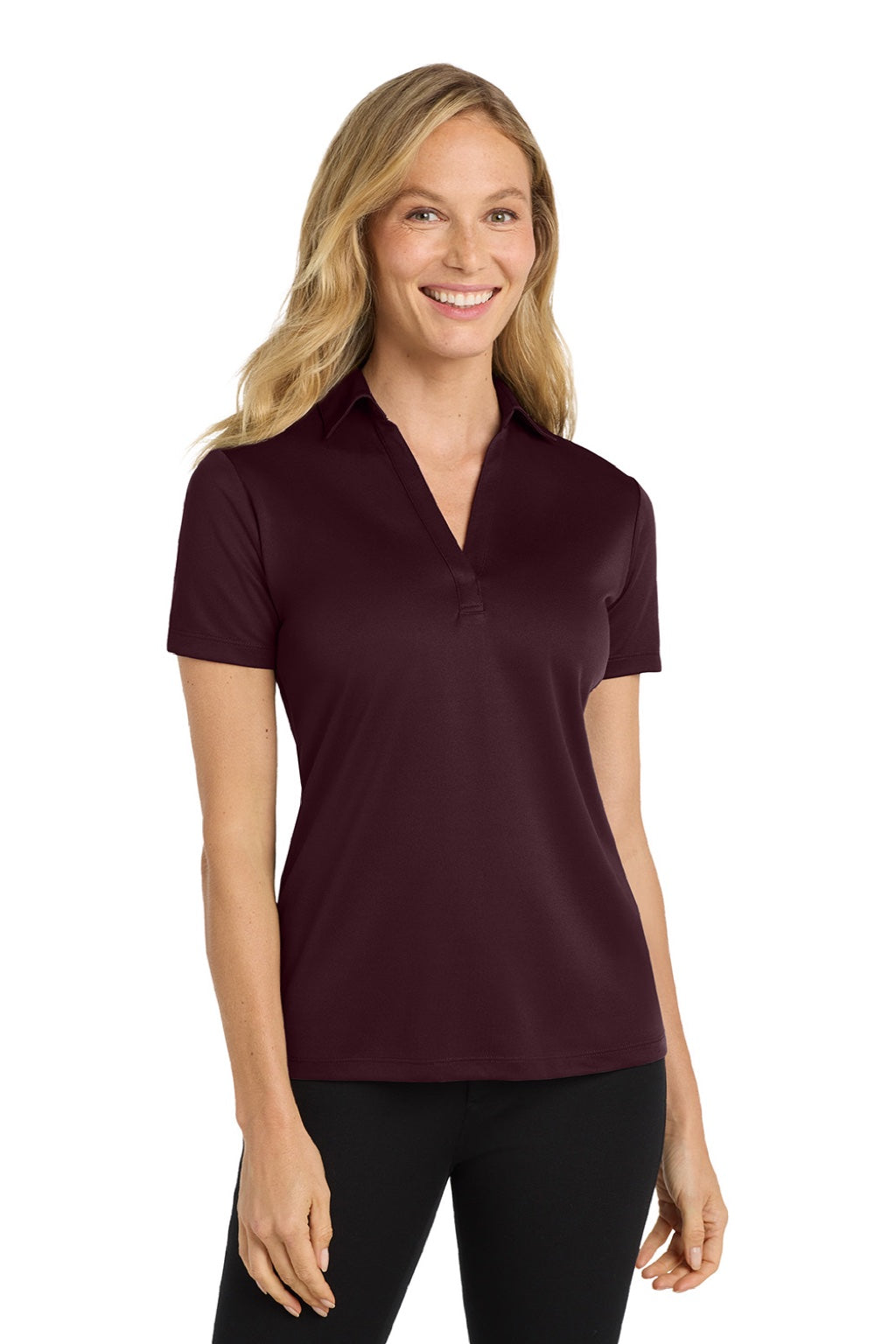 Port Authority L540 Womens Silk Touch Performance Moisture Wicking Short Sleeve Polo Shirt Maroon Model Front