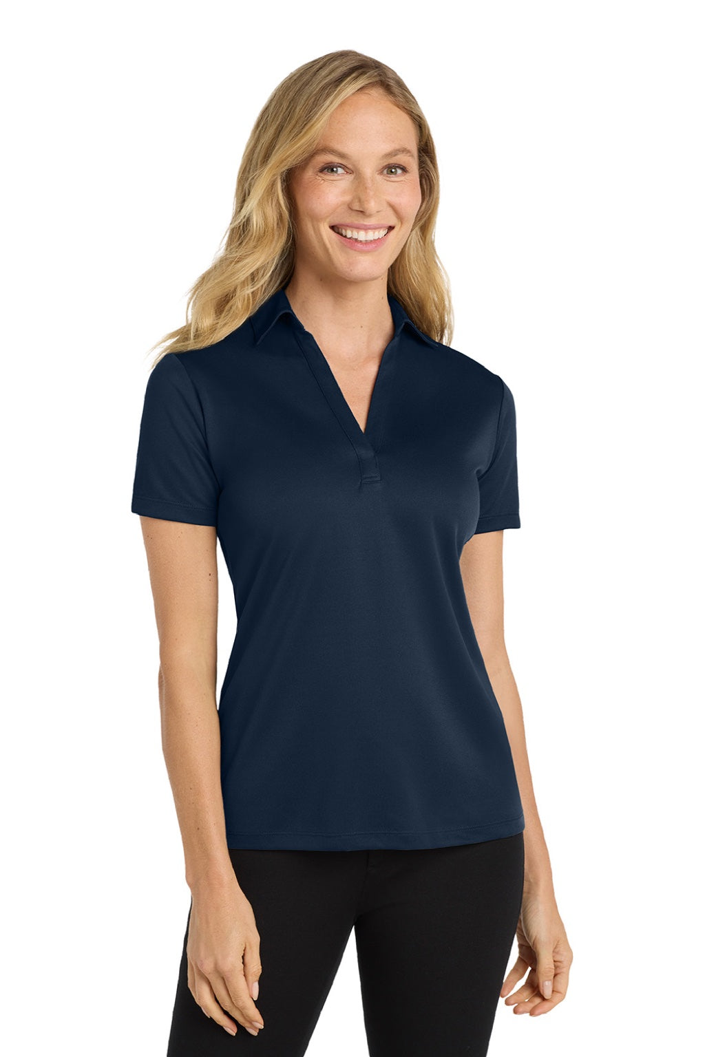 Port Authority L540 Womens Silk Touch Performance Moisture Wicking Short Sleeve Polo Shirt Navy Blue Model Front