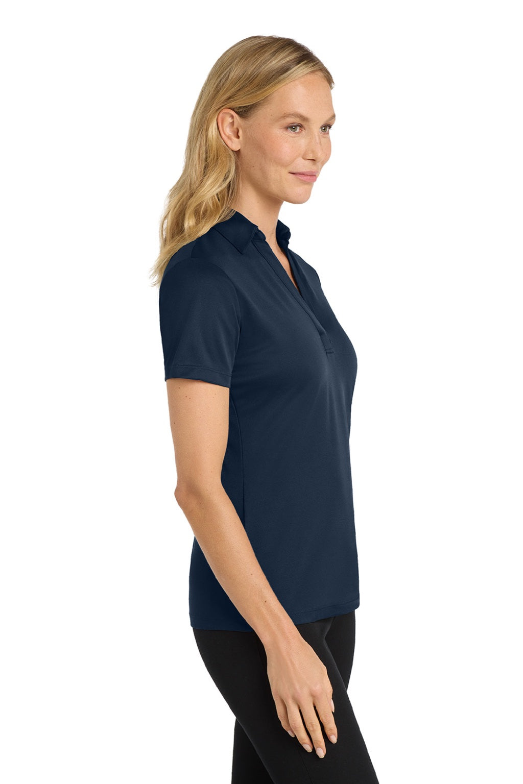 Port Authority L540 Womens Silk Touch Performance Moisture Wicking Short Sleeve Polo Shirt Navy Blue Model Side