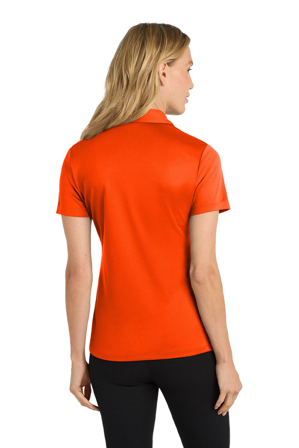 Port Authority L540 Womens Silk Touch Performance Moisture Wicking Short Sleeve Polo Shirt Neon Orange Model Back