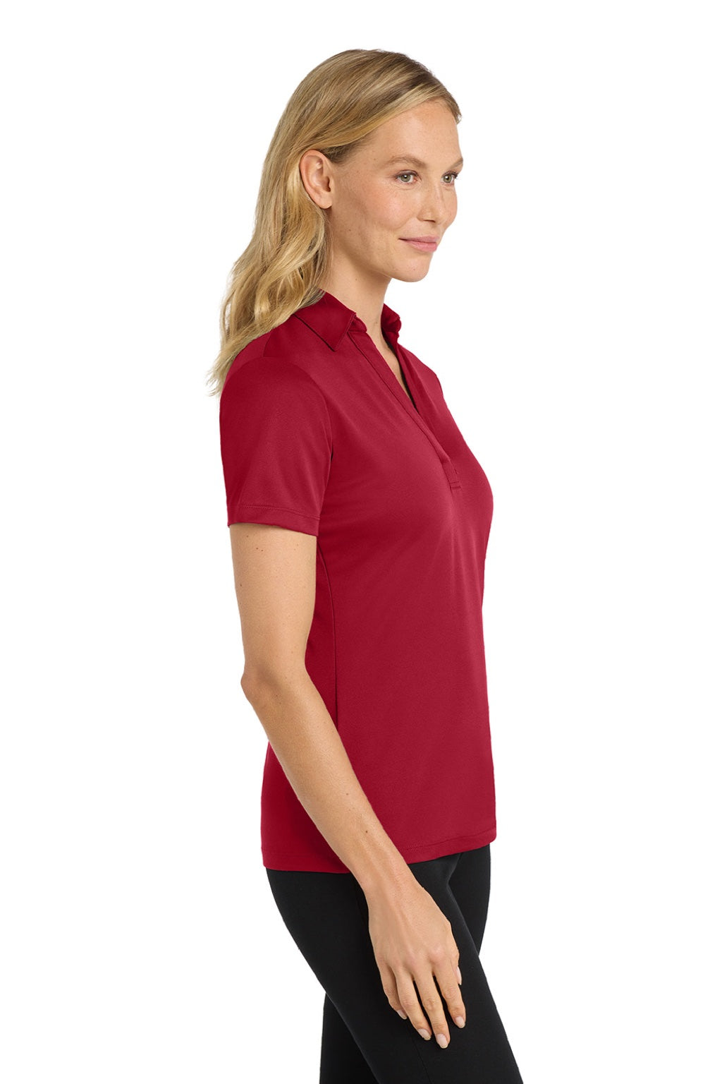 Port Authority L540 Womens Silk Touch Performance Moisture Wicking Short Sleeve Polo Shirt Red Model Side