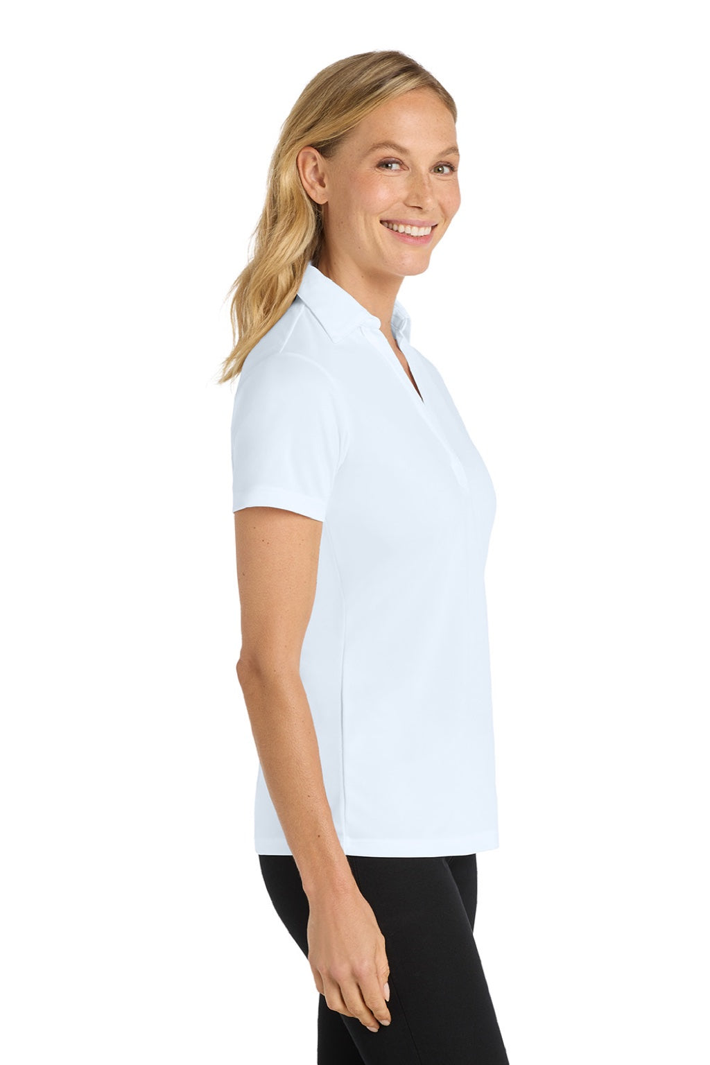 Port Authority L540 Womens Silk Touch Performance Moisture Wicking Short Sleeve Polo Shirt White Model Side
