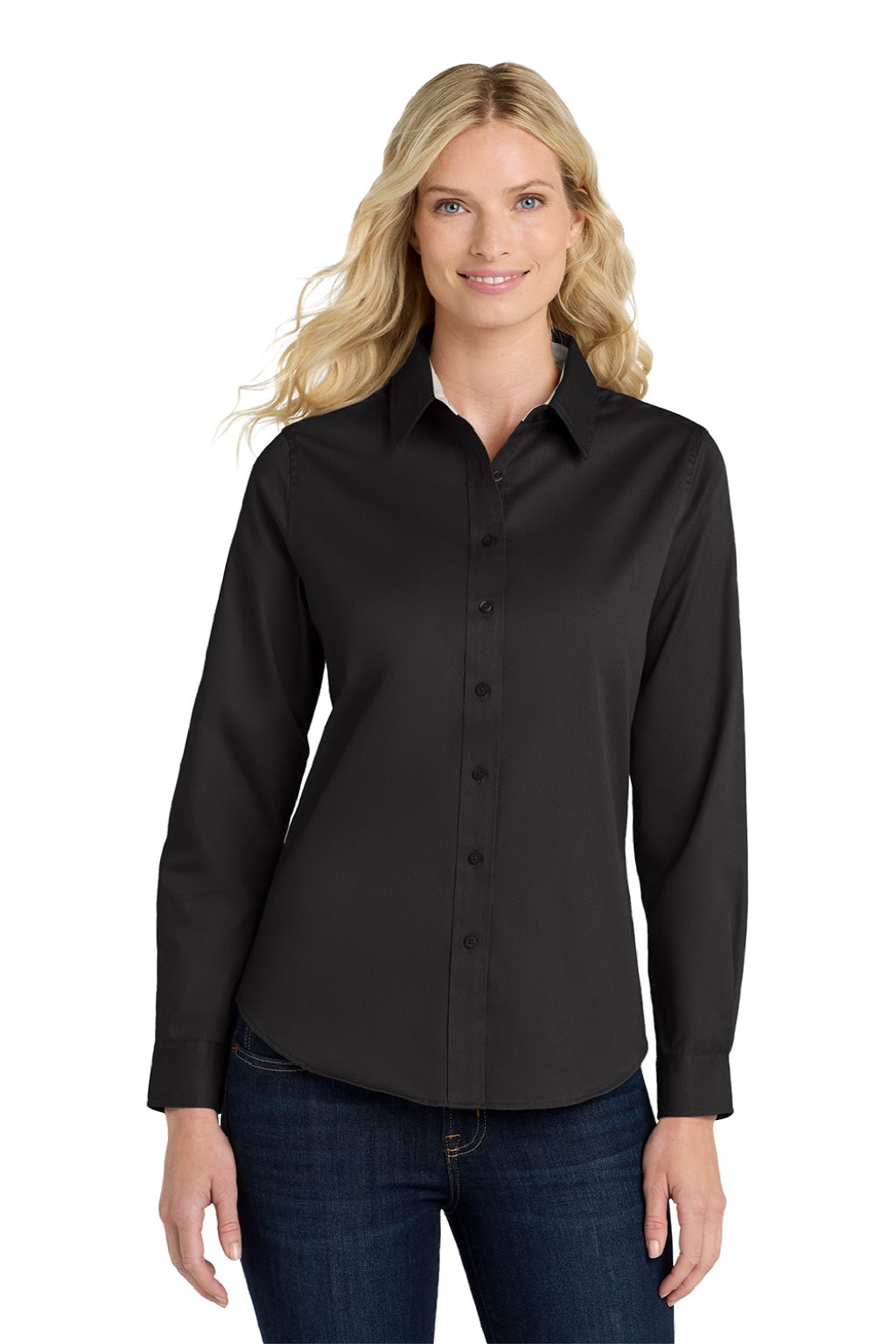 Port Authority L608 Womens Easy Care Wrinkle Resistant Long Sleeve Button Down Shirt Black/Light Sone Model Front