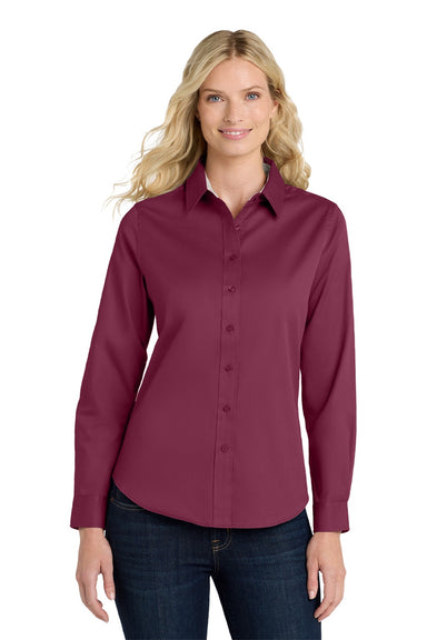 Port Authority L608 Womens Easy Care Wrinkle Resistant Long Sleeve Button Down Shirt Burgundy/Light Stone Model Front