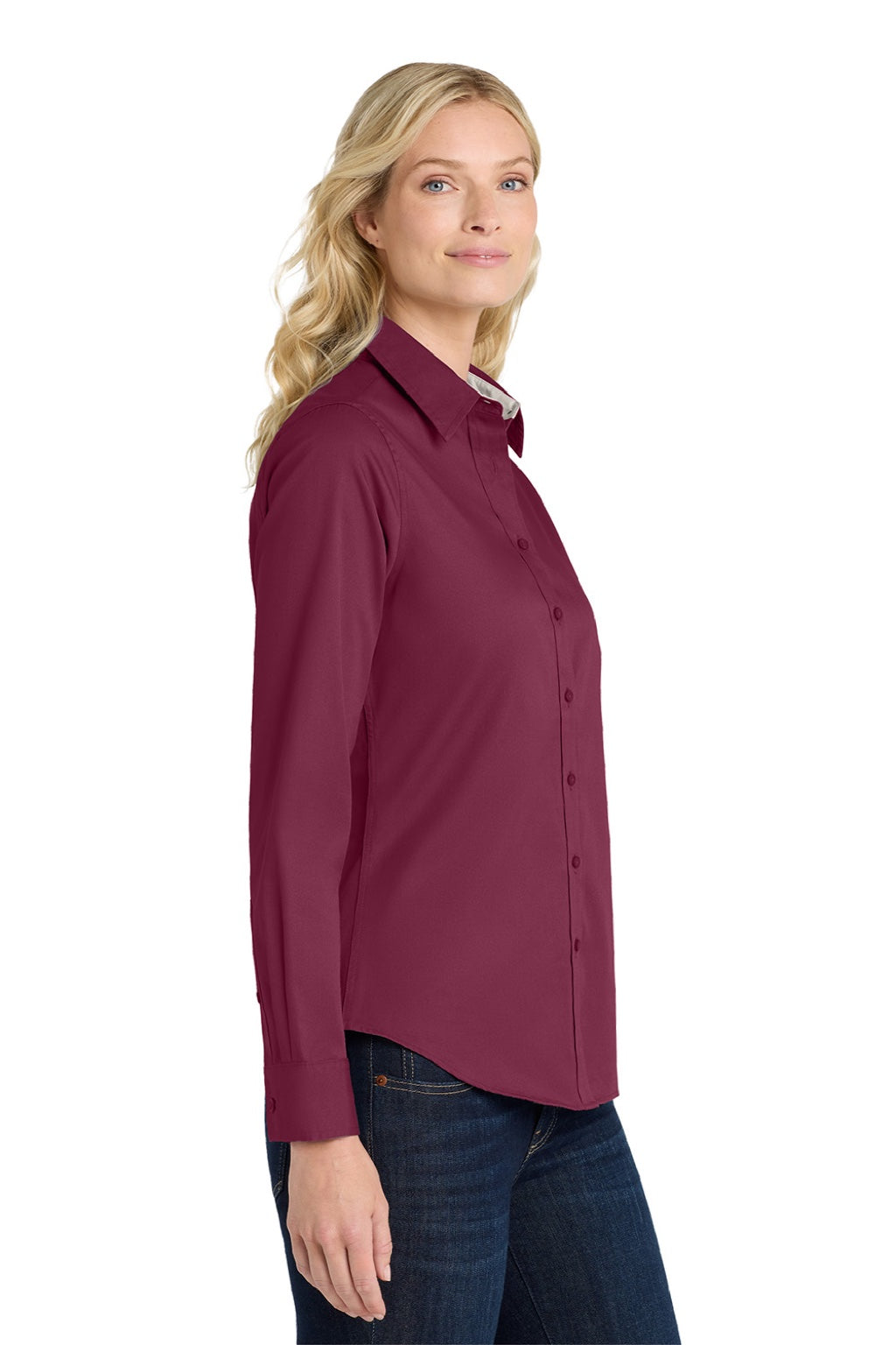 Port Authority L608 Womens Easy Care Wrinkle Resistant Long Sleeve Button Down Shirt Burgundy/Light Stone Model Side