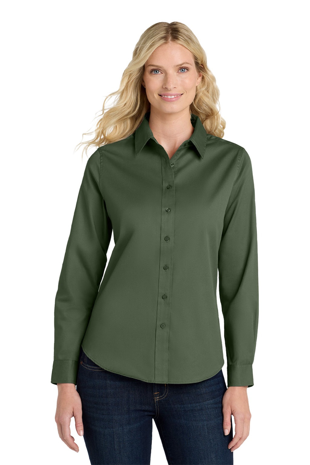 Port Authority L608 Womens Easy Care Wrinkle Resistant Long Sleeve Button Down Shirt Clover Green Model Front