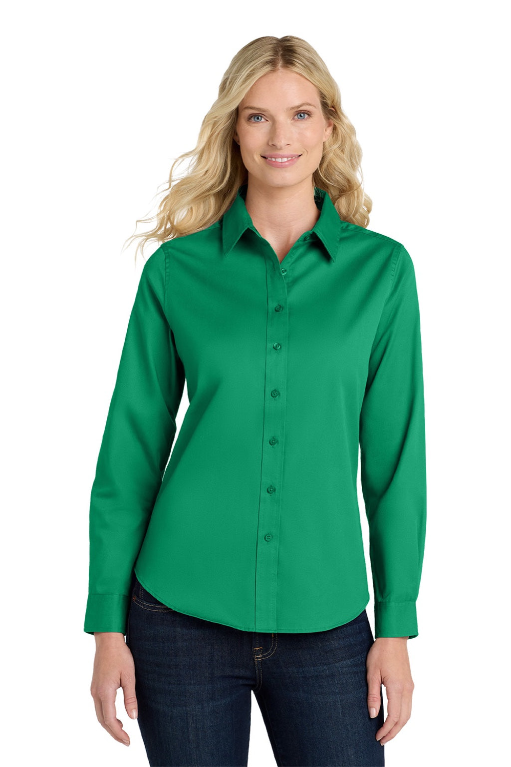 Port Authority L608 Womens Easy Care Wrinkle Resistant Long Sleeve Button Down Shirt Court Green Model Front