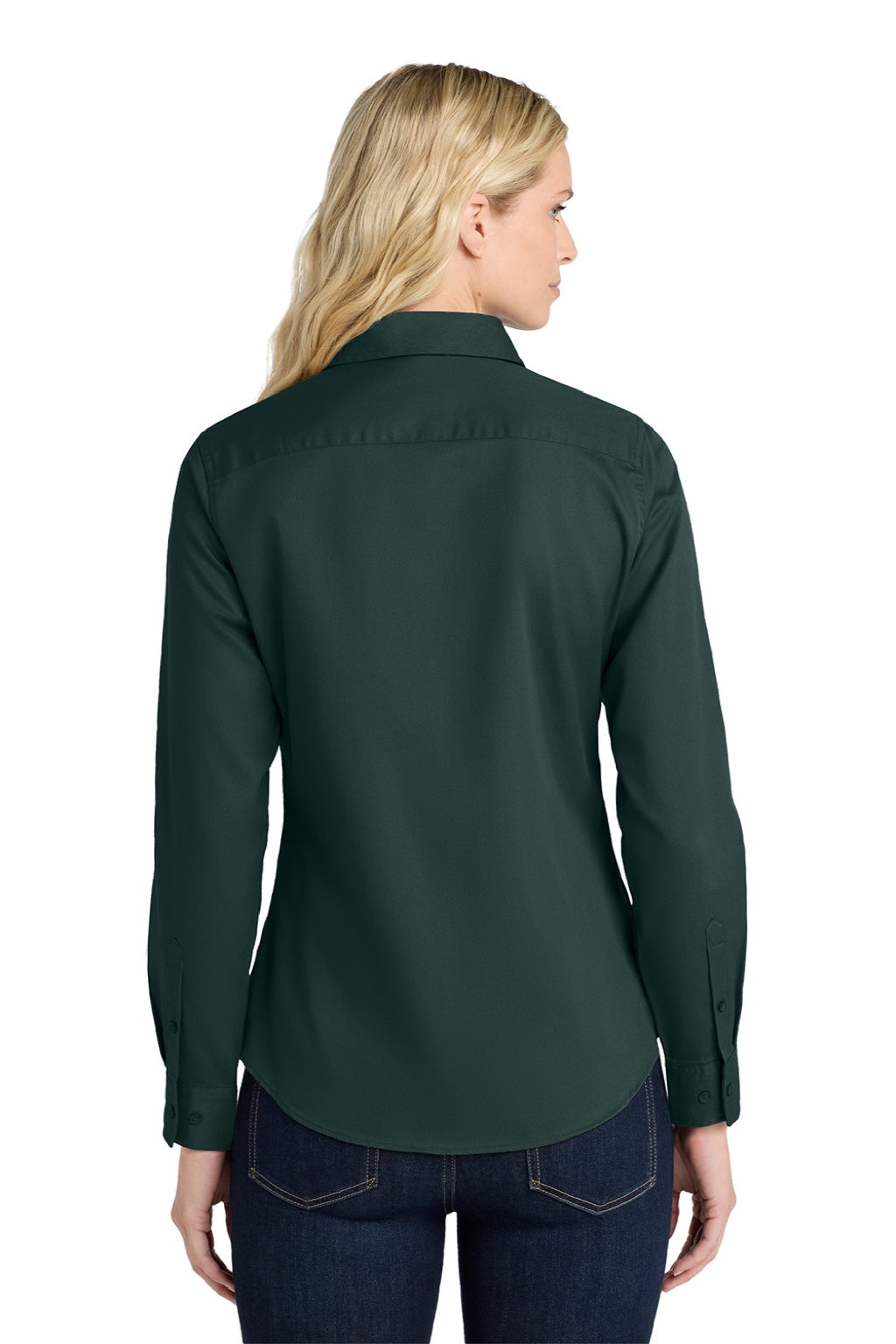 Port Authority L608 Womens Easy Care Wrinkle Resistant Long Sleeve Button Down Shirt Dark Green/Navy Blue Model Back