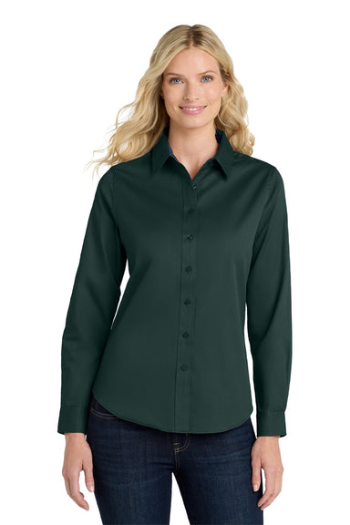 Port Authority L608 Womens Easy Care Wrinkle Resistant Long Sleeve Button Down Shirt Dark Green/Navy Blue Model Front