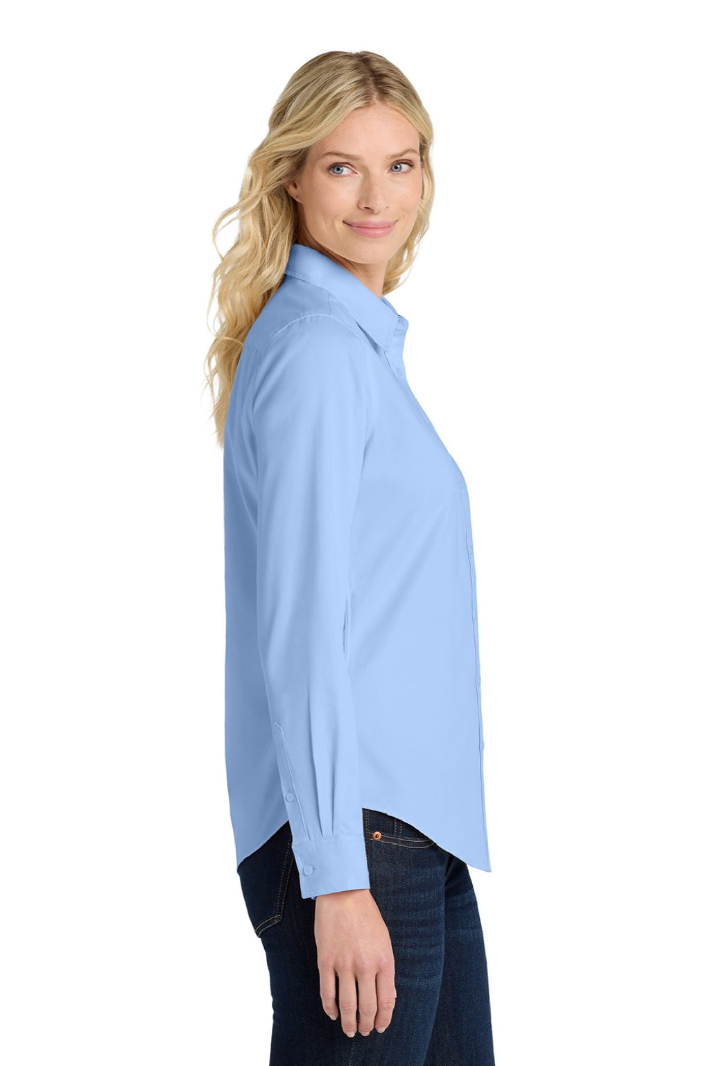 Port Authority L608 Womens Easy Care Wrinkle Resistant Long Sleeve Button Down Shirt Light Blue/Light Stone Model Side