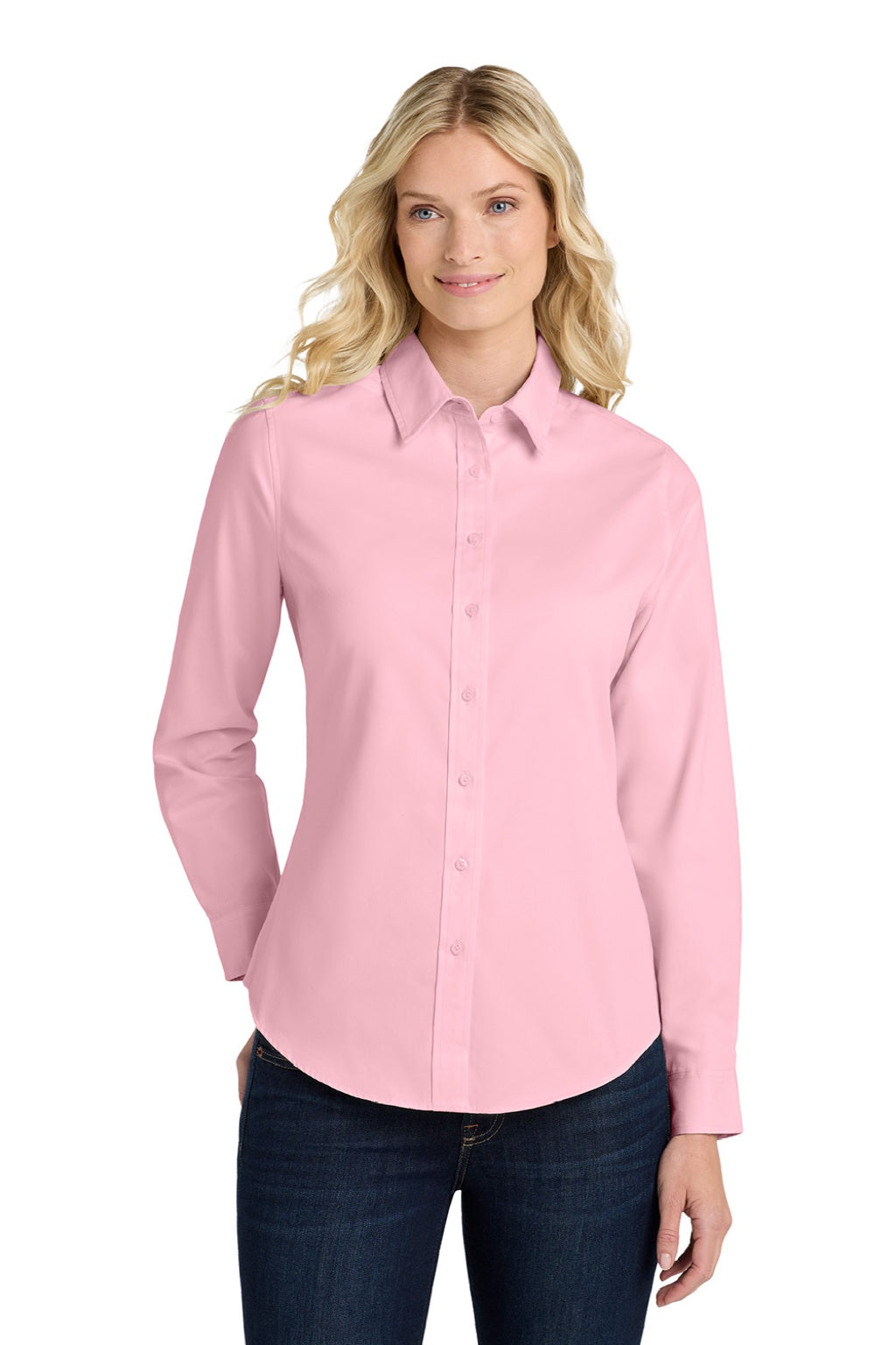 Port Authority L608 Womens Easy Care Wrinkle Resistant Long Sleeve Button Down Shirt Light Pink Model Front