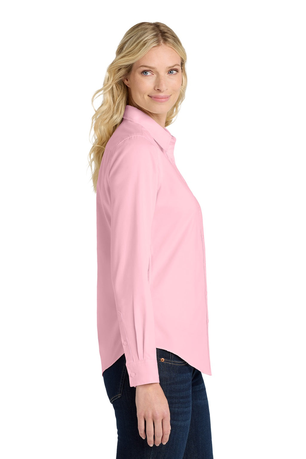Port Authority L608 Womens Easy Care Wrinkle Resistant Long Sleeve Button Down Shirt Light Pink Model Side