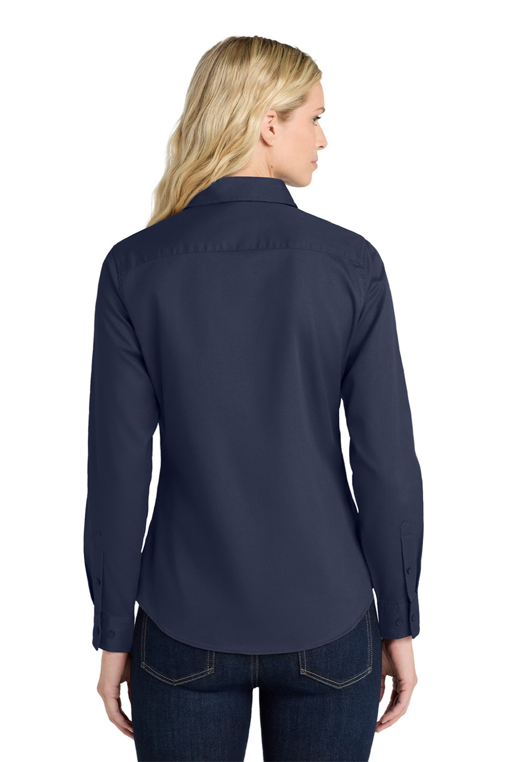 Port Authority L608 Womens Easy Care Wrinkle Resistant Long Sleeve Button Down Shirt Navy Blue/Light Stone Model Back