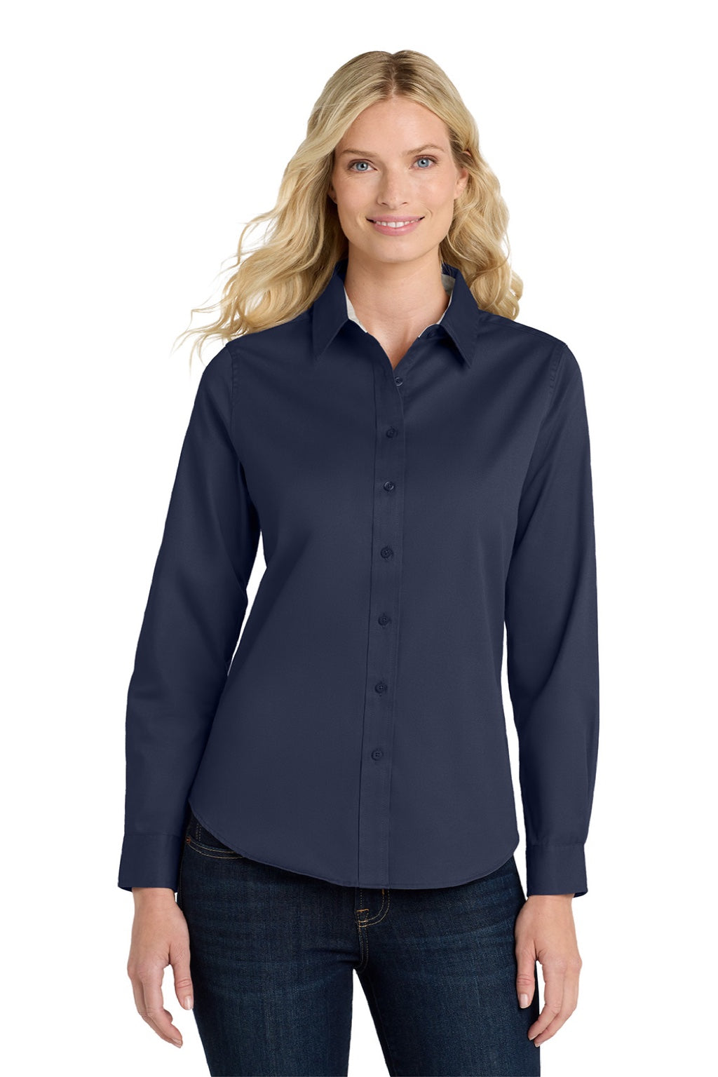 Port Authority L608 Womens Easy Care Wrinkle Resistant Long Sleeve Button Down Shirt Navy Blue/Light Stone Model Front