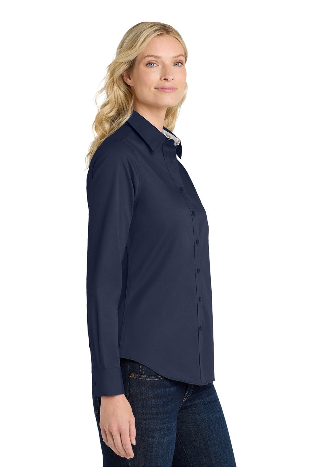 Port Authority L608 Womens Easy Care Wrinkle Resistant Long Sleeve Button Down Shirt Navy Blue/Light Stone Model Side