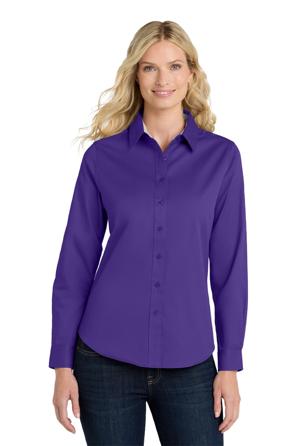 Port Authority L608 Womens Easy Care Wrinkle Resistant Long Sleeve Button Down Shirt Purple/Light Stone Model Front