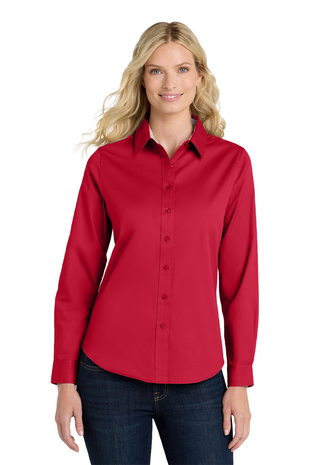Port Authority L608 Womens Easy Care Wrinkle Resistant Long Sleeve Button Down Shirt Red/Light Stone Model Front