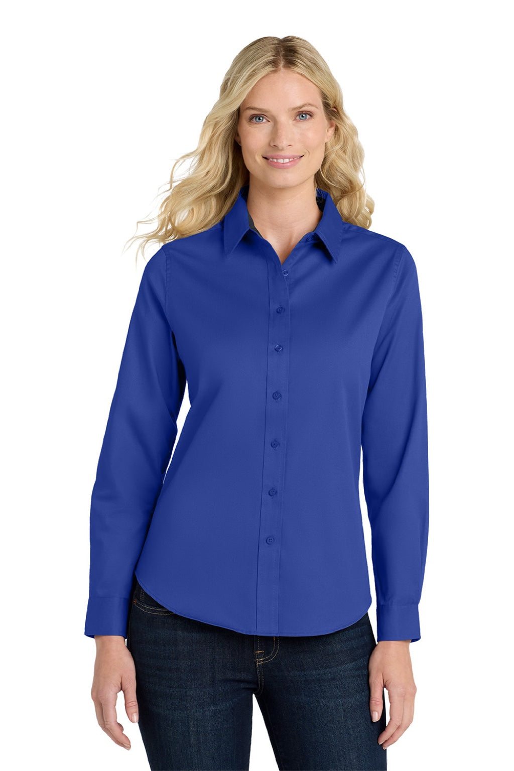 Port Authority L608 Womens Easy Care Wrinkle Resistant Long Sleeve Button Down Shirt Royal Blue/Classic Navy Blue Model Front