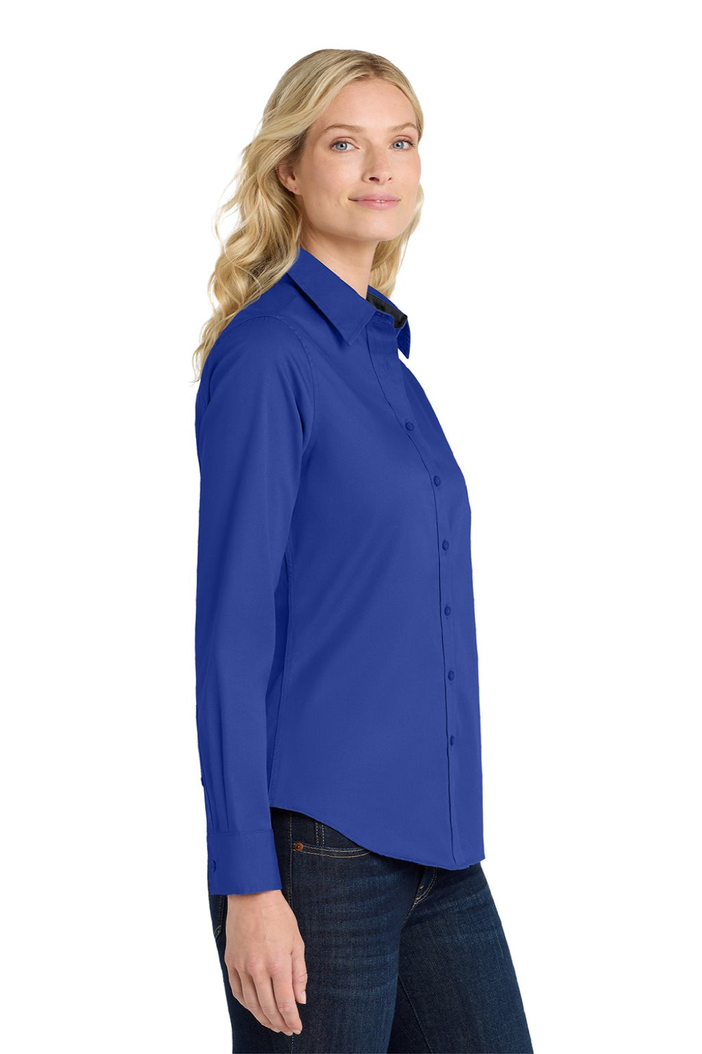Port Authority L608 Womens Easy Care Wrinkle Resistant Long Sleeve Button Down Shirt Royal Blue/Classic Navy Blue Model Side