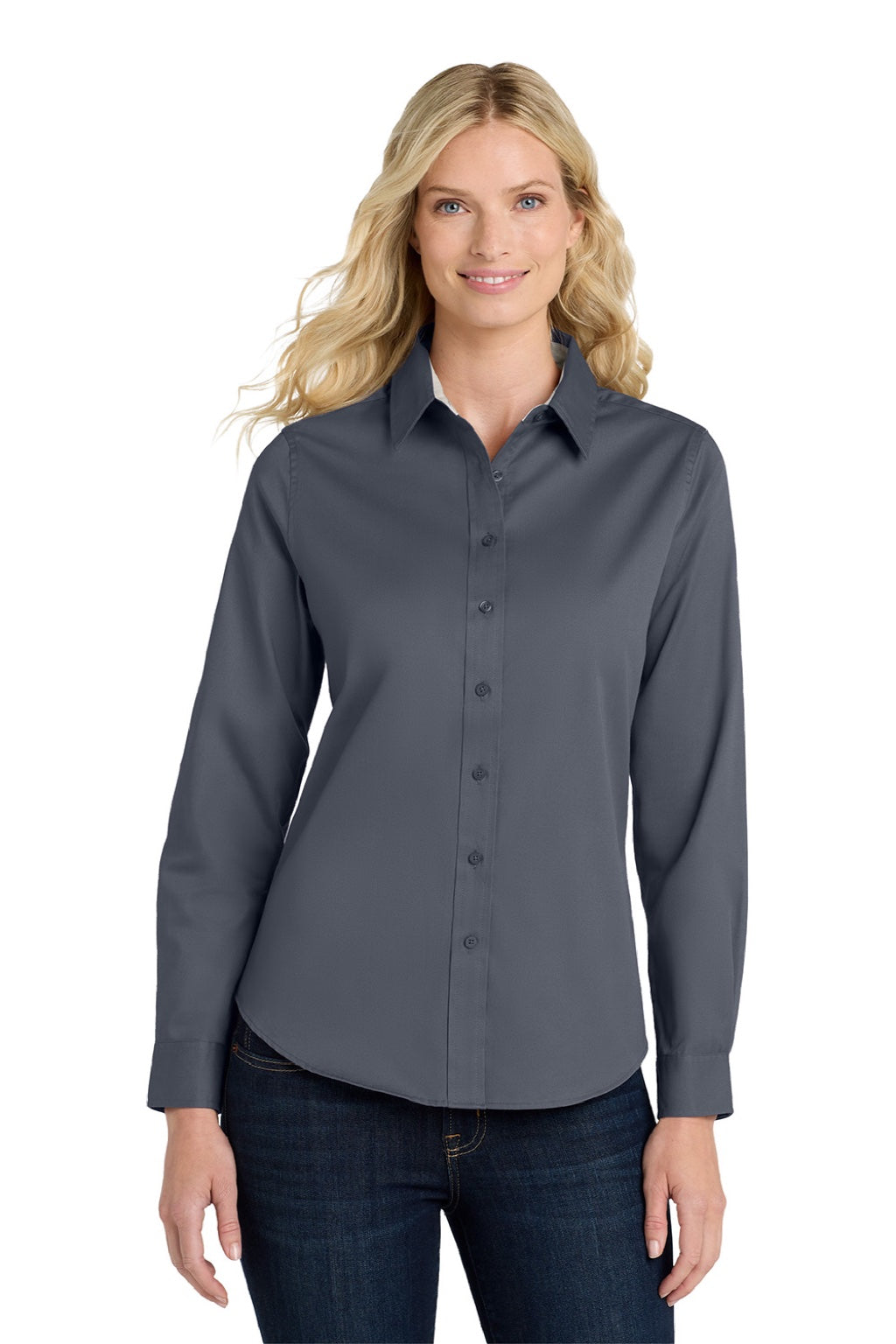 Port Authority L608 Womens Easy Care Wrinkle Resistant Long Sleeve Button Down Shirt Steel Grey/Stone Model Front