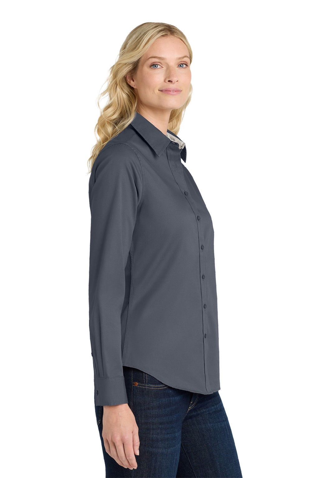 Port Authority L608 Womens Easy Care Wrinkle Resistant Long Sleeve Button Down Shirt Steel Grey/Stone Model Side