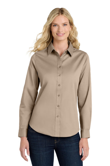 Port Authority L608 Womens Easy Care Wrinkle Resistant Long Sleeve Button Down Shirt Stone Brown Model Front