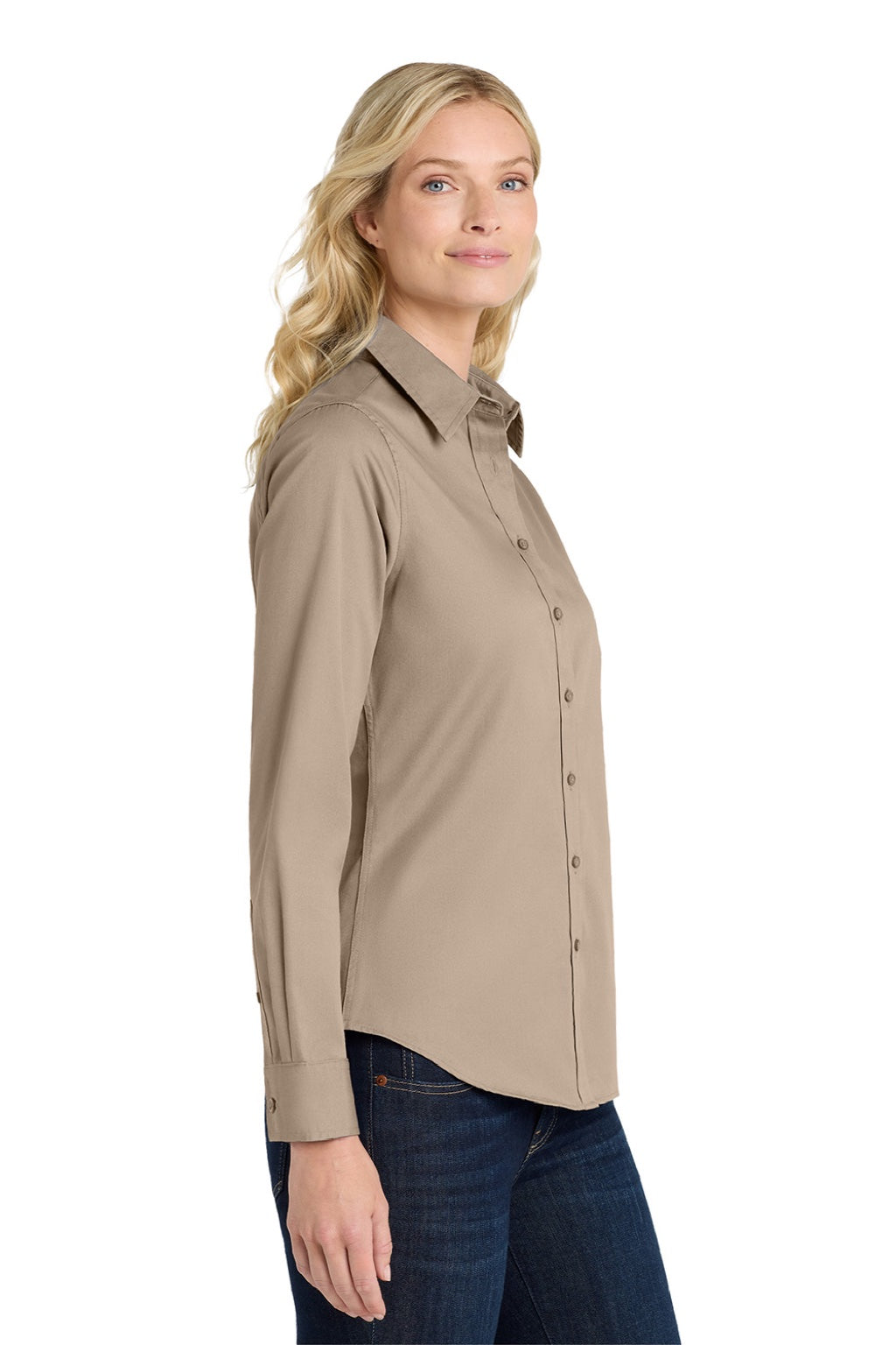 Port Authority L608 Womens Easy Care Wrinkle Resistant Long Sleeve Button Down Shirt Stone Brown Model Side