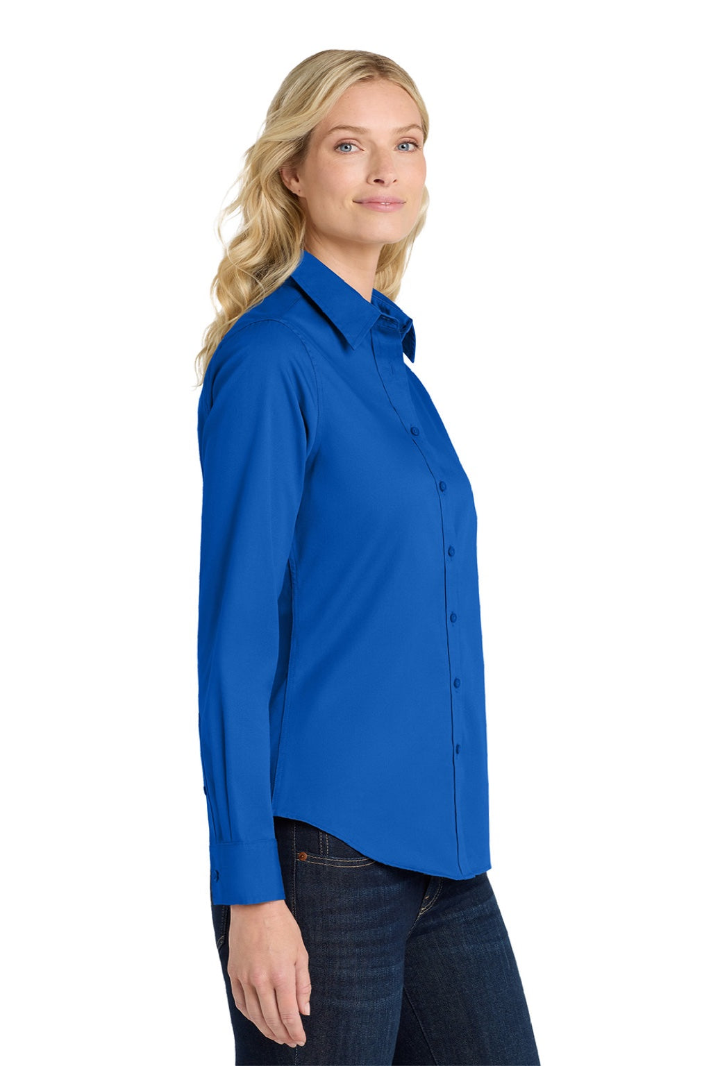 Port Authority L608 Womens Easy Care Wrinkle Resistant Long Sleeve Button Down Shirt Strong Blue Model Side