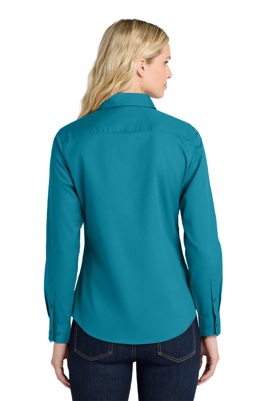 Port Authority L608 Womens Easy Care Wrinkle Resistant Long Sleeve Button Down Shirt Teal Green Model Back