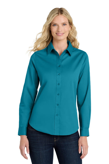 Port Authority L608 Womens Easy Care Wrinkle Resistant Long Sleeve Button Down Shirt Teal Green Model Front