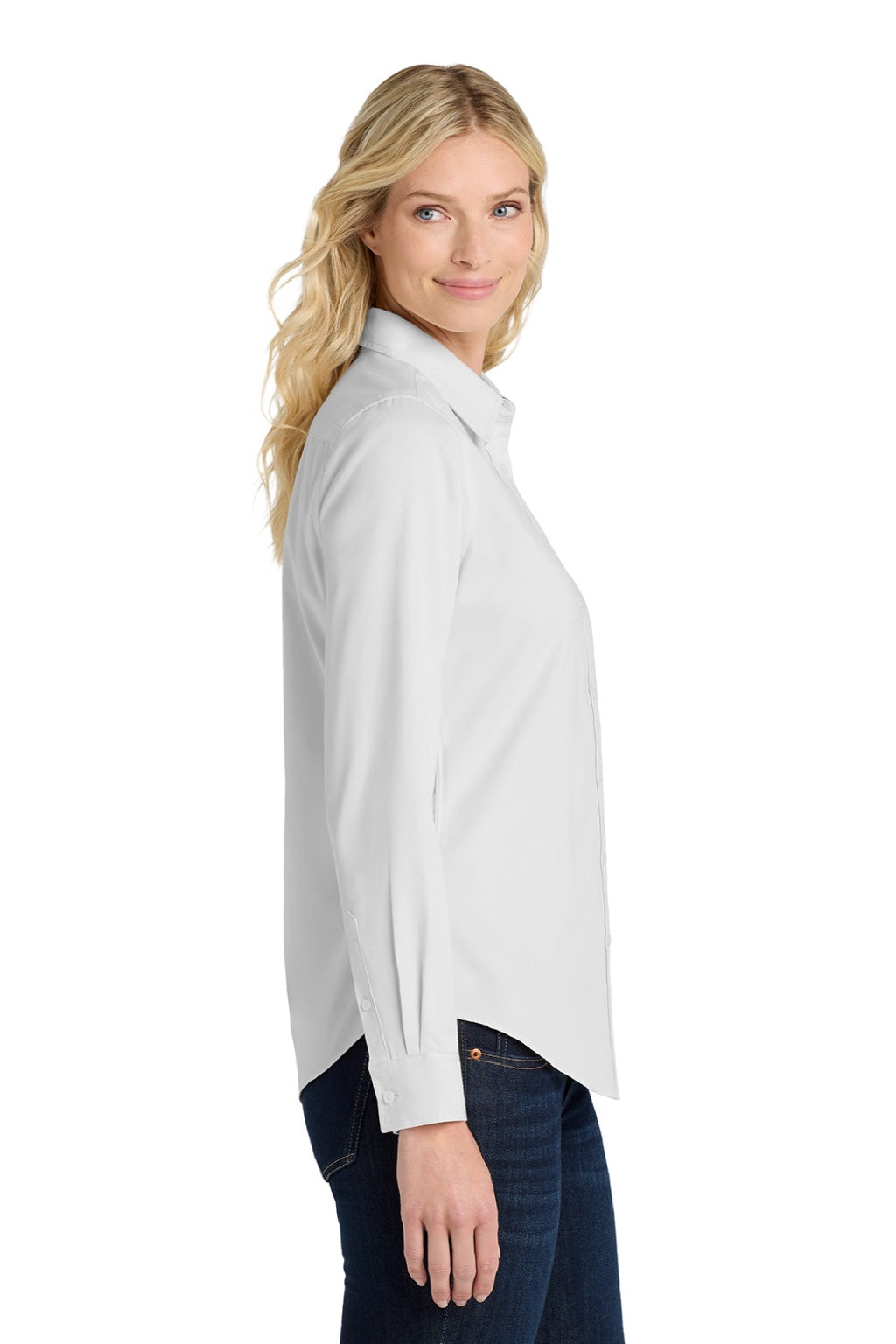 Port Authority L608 Womens Easy Care Wrinkle Resistant Long Sleeve Button Down Shirt White/Light Stone Model Side