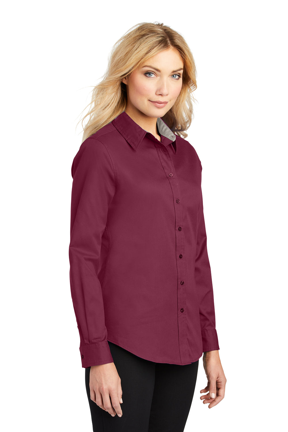 Port Authority L608 Womens Easy Care Wrinkle Resistant Long Sleeve Button Down Shirt Burgundy 3Q