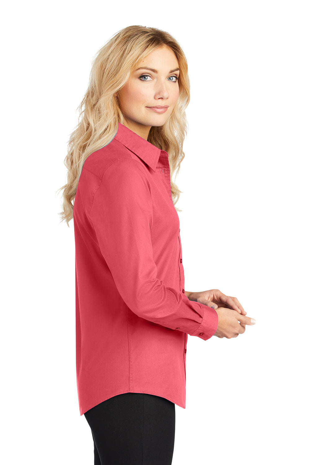 Port Authority L608 Womens Easy Care Wrinkle Resistant Long Sleeve Button Down Shirt Hibiscus Pink Side