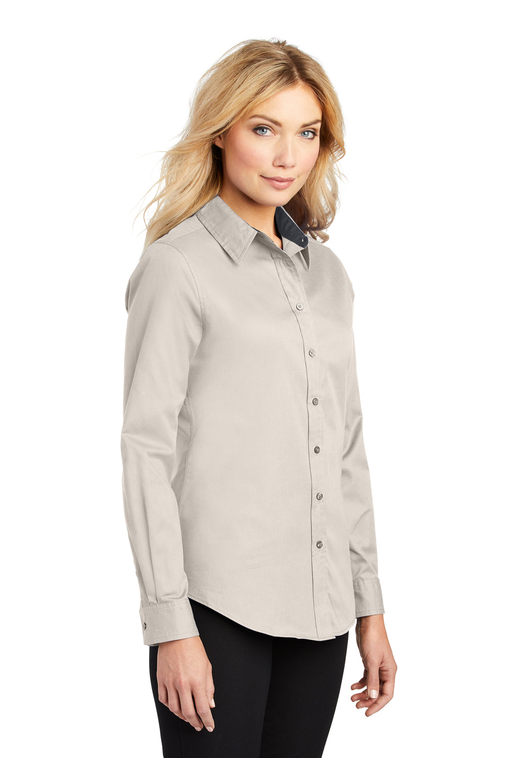 Port Authority L608 Womens Easy Care Wrinkle Resistant Long Sleeve Button Down Shirt Light Stone 3Q