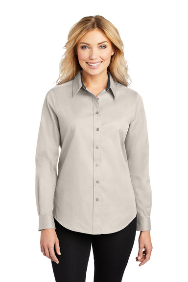 Port Authority L608 Womens Easy Care Wrinkle Resistant Long Sleeve Button Down Shirt Light Stone Front