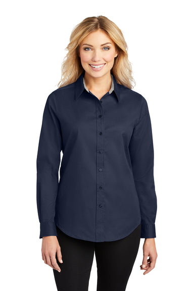 Port Authority L608 Womens Easy Care Wrinkle Resistant Long Sleeve Button Down Shirt Navy Blue Front