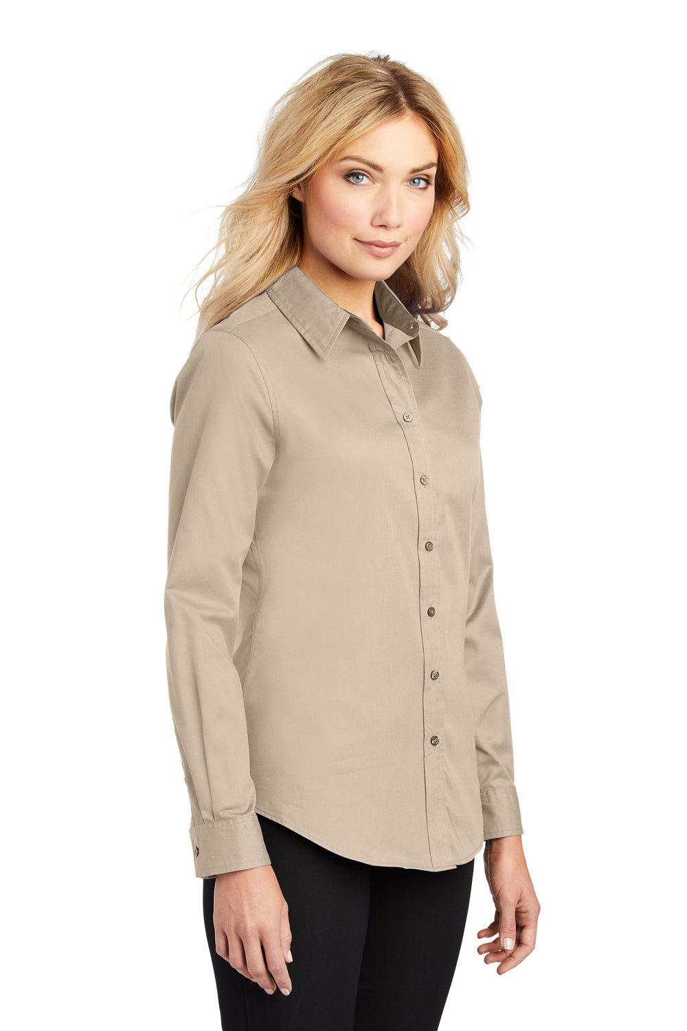 Port Authority L608 Womens Easy Care Wrinkle Resistant Long Sleeve Button Down Shirt Stone Brown 3Q