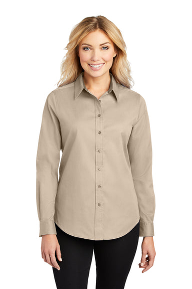 Port Authority L608 Womens Easy Care Wrinkle Resistant Long Sleeve Button Down Shirt Stone Brown Front