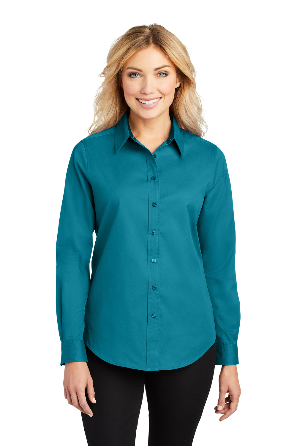 Port Authority L608 Womens Easy Care Wrinkle Resistant Long Sleeve Button Down Shirt Teal Green Front