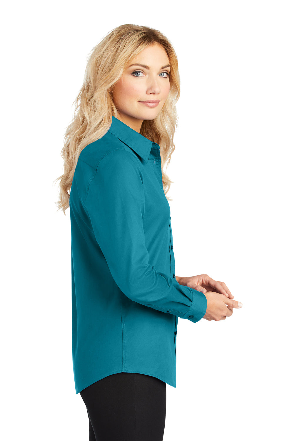 Port Authority L608 Womens Easy Care Wrinkle Resistant Long Sleeve Button Down Shirt Teal Green Side