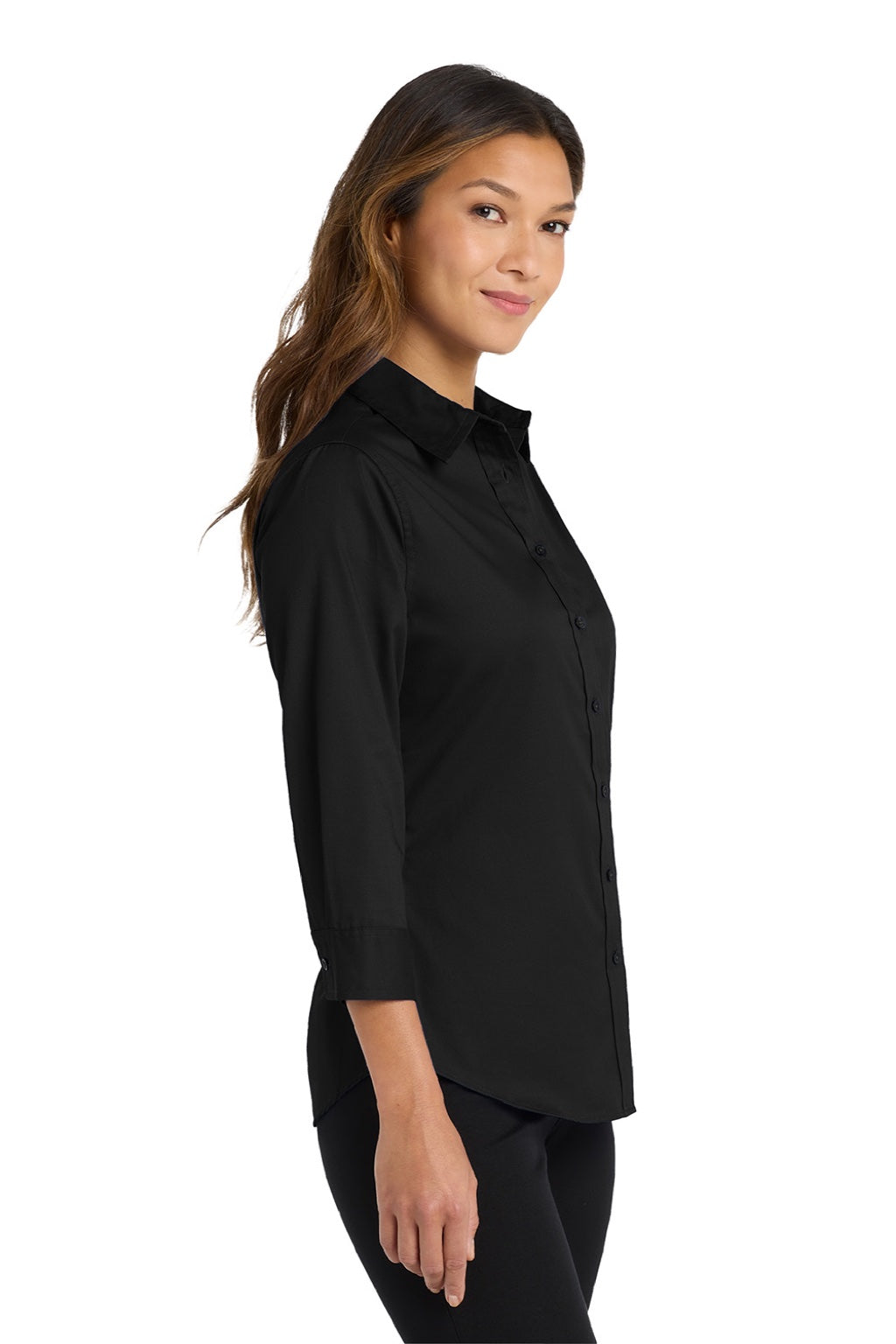 Port Authority L612 Womens Easy Care Wrinkle Resistant 3/4 Sleeve Button Down Shirt Black Model Side