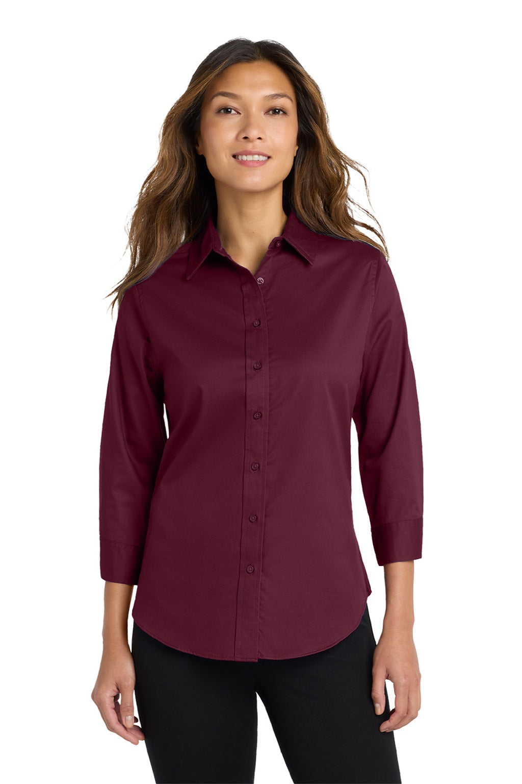 Port Authority L612 Womens Easy Care Wrinkle Resistant 3/4 Sleeve Button Down Shirt Burgundy Model Front