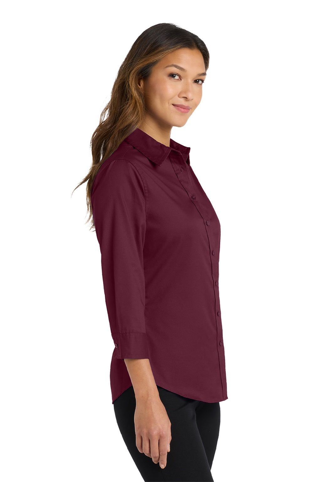 Port Authority L612 Womens Easy Care Wrinkle Resistant 3/4 Sleeve Button Down Shirt Burgundy Model Side